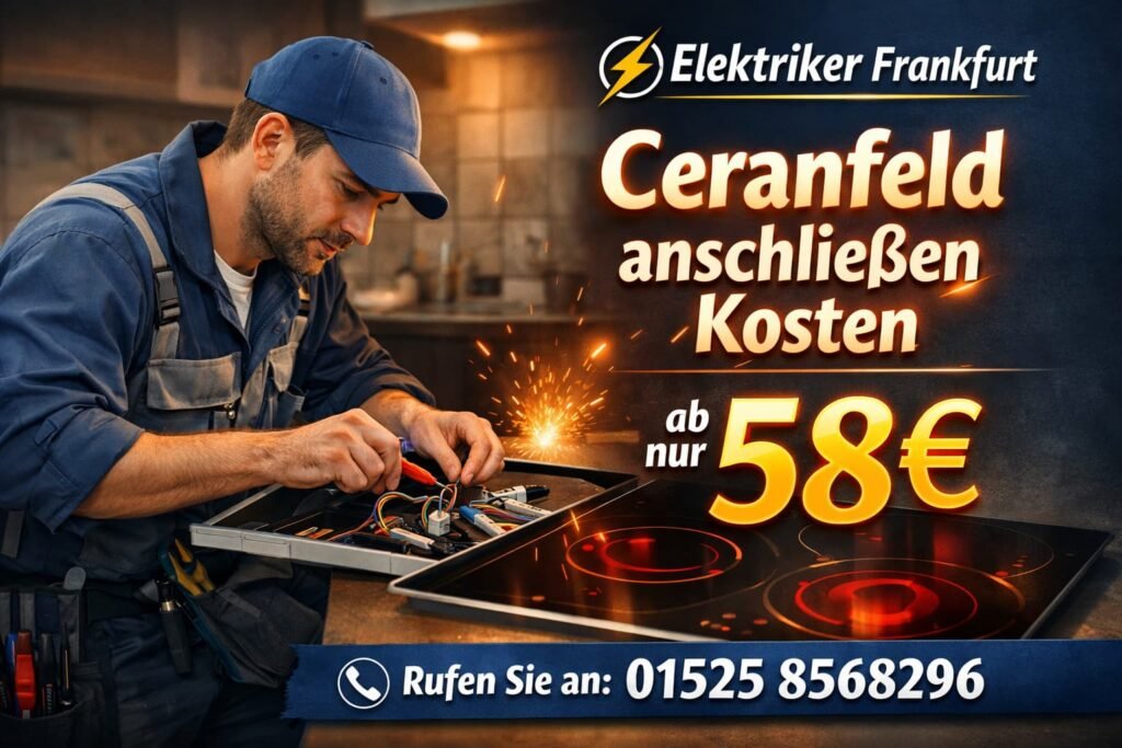 Elektriker schließt Ceranfeld in moderner Küche fachgerecht an – Werbeanzeige von Elektriker Frankfurt mit Preis ab 58€