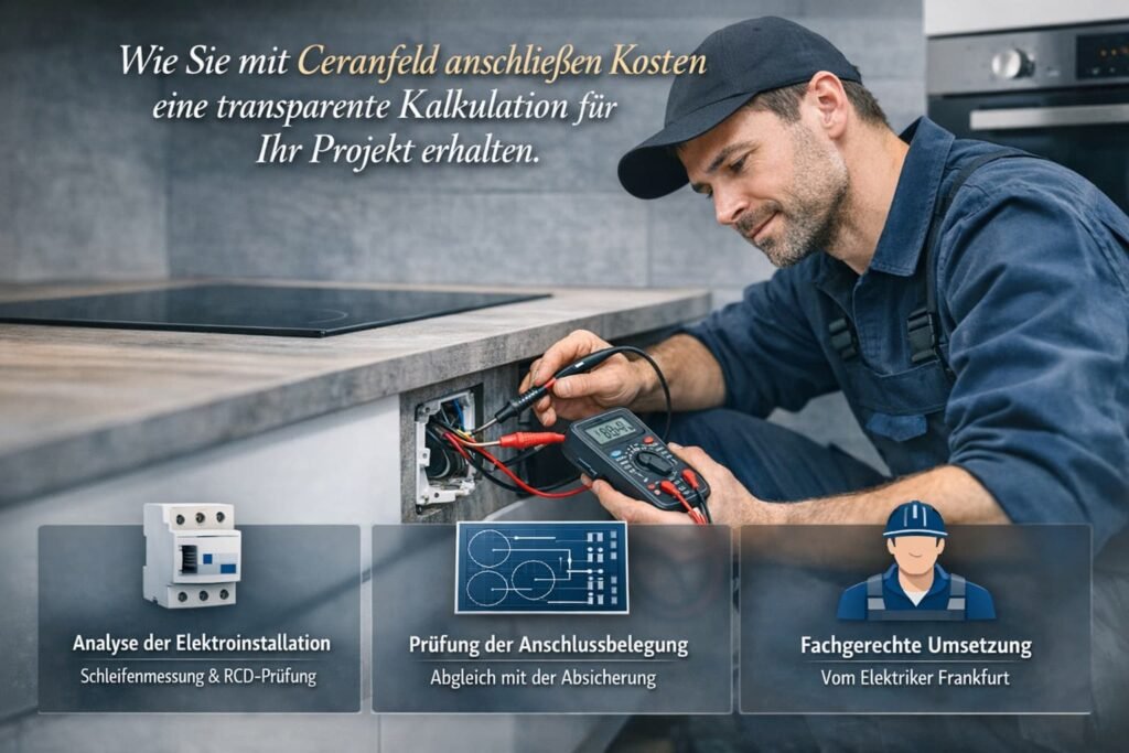 Elektriker misst Ceranfeld-Anschluss in der Küche zur sicheren und transparenten Kalkulation.
