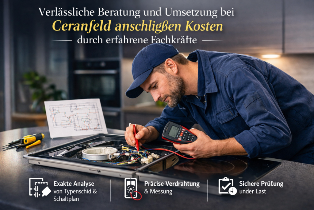 Elektriker prüft Ceranfeld-Anschluss mit Multimeter in moderner Küche.