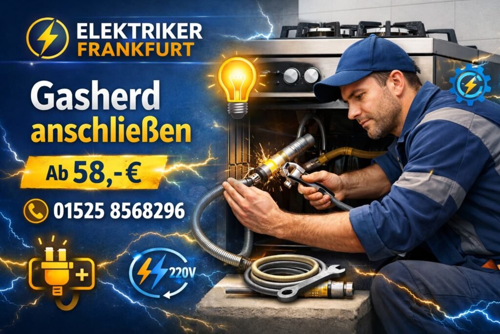 Gasherd anschließen durch Elektriker in Frankfurt – professioneller Techniker verbindet Gasherd sicher.