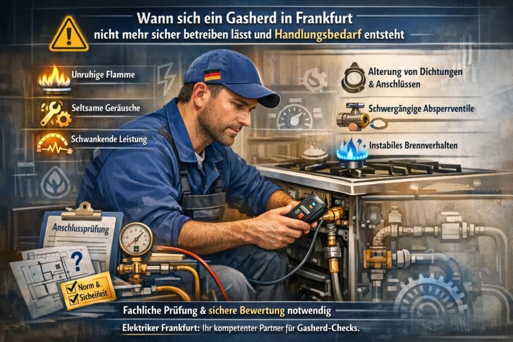 Elektriker prüft Gasherd-Anschluss und Sicherheit in Frankfurt mit Messgerät.