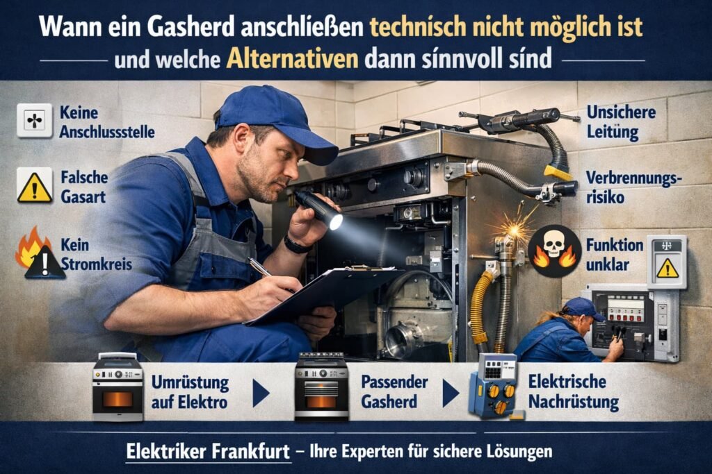 Elektriker prüft Gasherd Anschluss und mögliche technische Alternativen