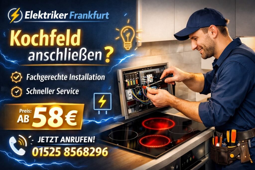 Elektriker Frankfurt – Kochfeld anschließen ab 58€ mit Elektriker und Elektro-Icons.