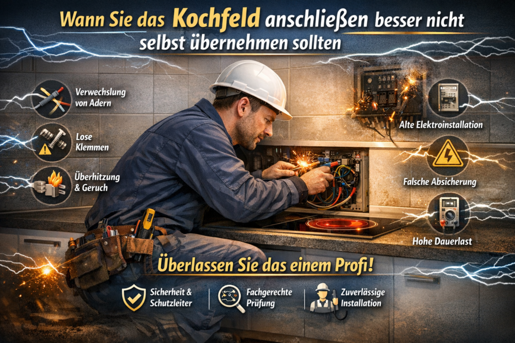 Techniker installiert ein Kochfeld und verbindet die Kabel fachgerecht.