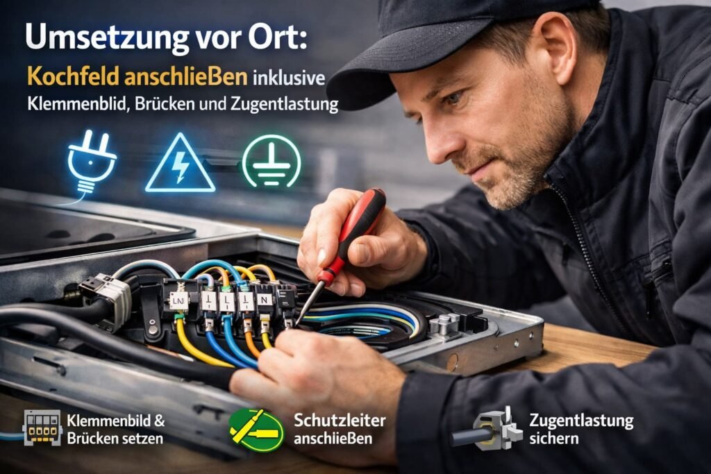 Elektriker beim Kochfeld anschließen mit Elektro-Icons.