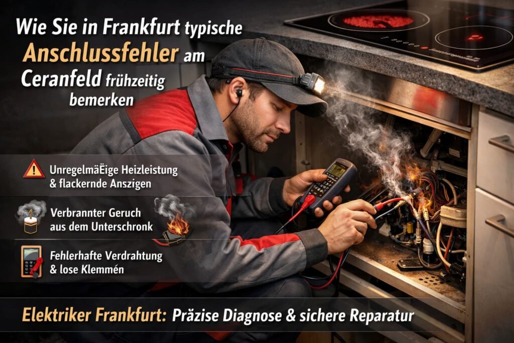 
Elektriker Frankfurt prüft Ceranfeld auf Anschlussfehler, ungleichmäßige Heizleistung und fehlerhafte Verdrahtung