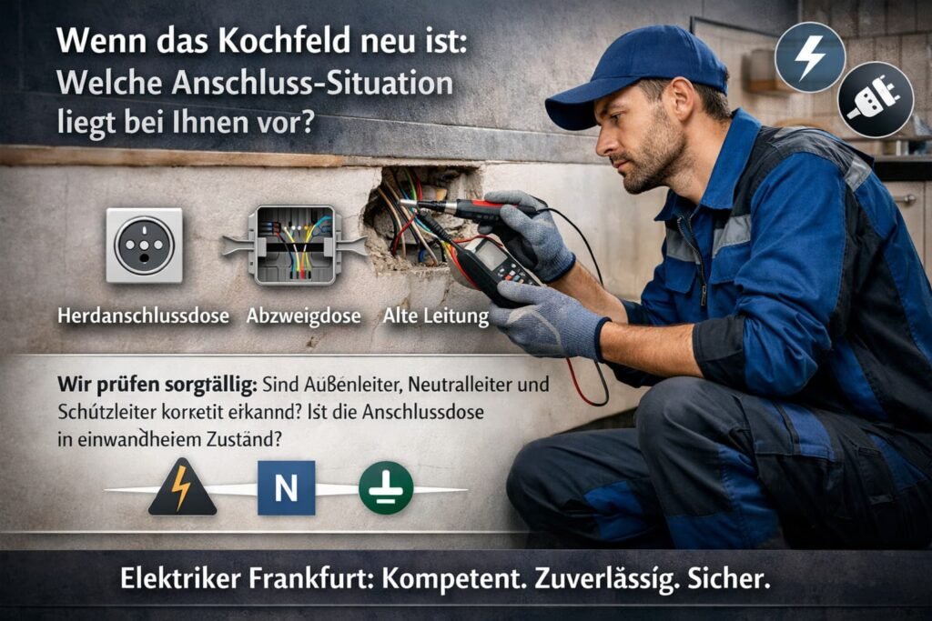 Elektriker prüft Herdanschlussdose und elektrische Leitungen beim Anschluss eines autarken Kochfelds in der Küche