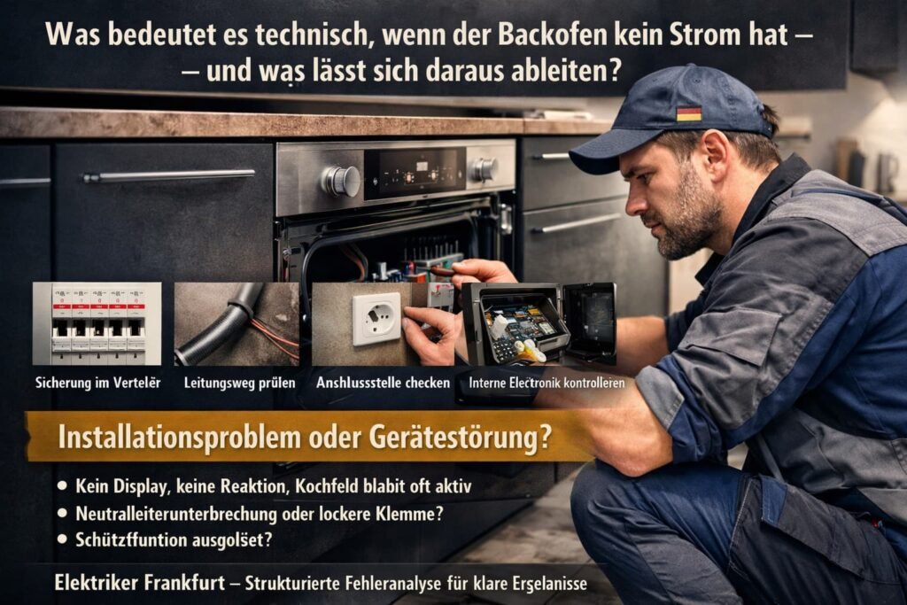 Elektriker prüft Backofen ohne Strom in moderner Küche und analysiert mögliche elektrische Ursache.