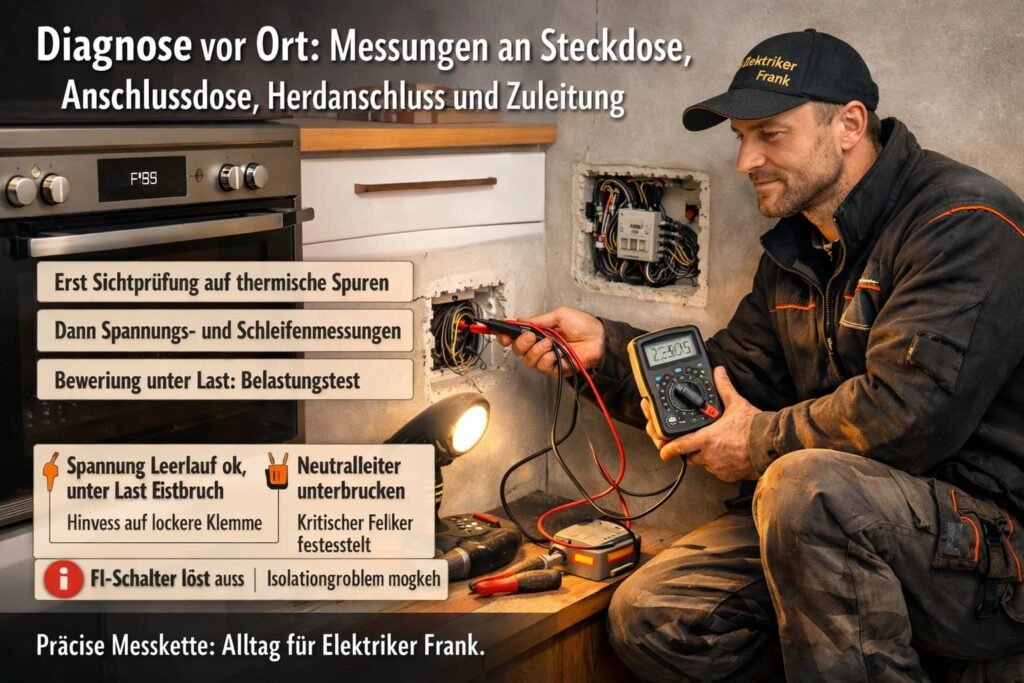 Elektriker misst Spannung an Steckdose und Herdanschlussdose bei Vor-Ort-Diagnose eines Backofen-Stromproblems