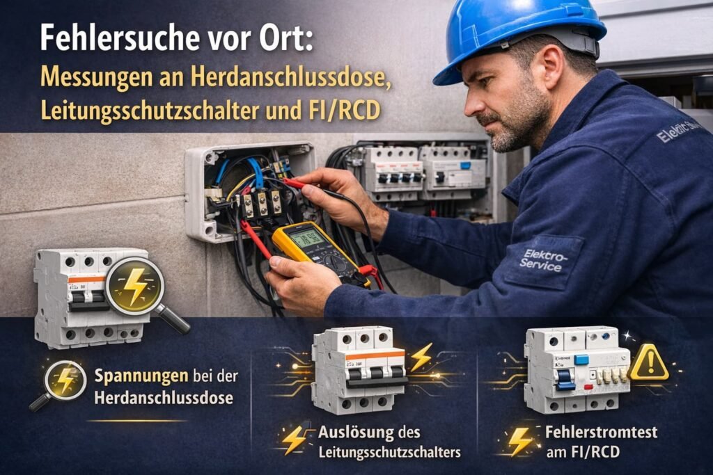 Elektriker misst Spannung an Herdanschlussdose während der Fehlersuche vor Ort mit Multimeter und Sicherungskasten.