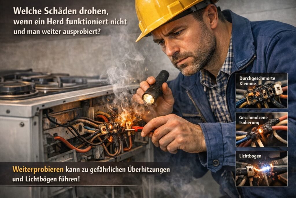 Elektriker prüft defekten Herdanschluss mit verschmorten Kabeln und Funkenbildung