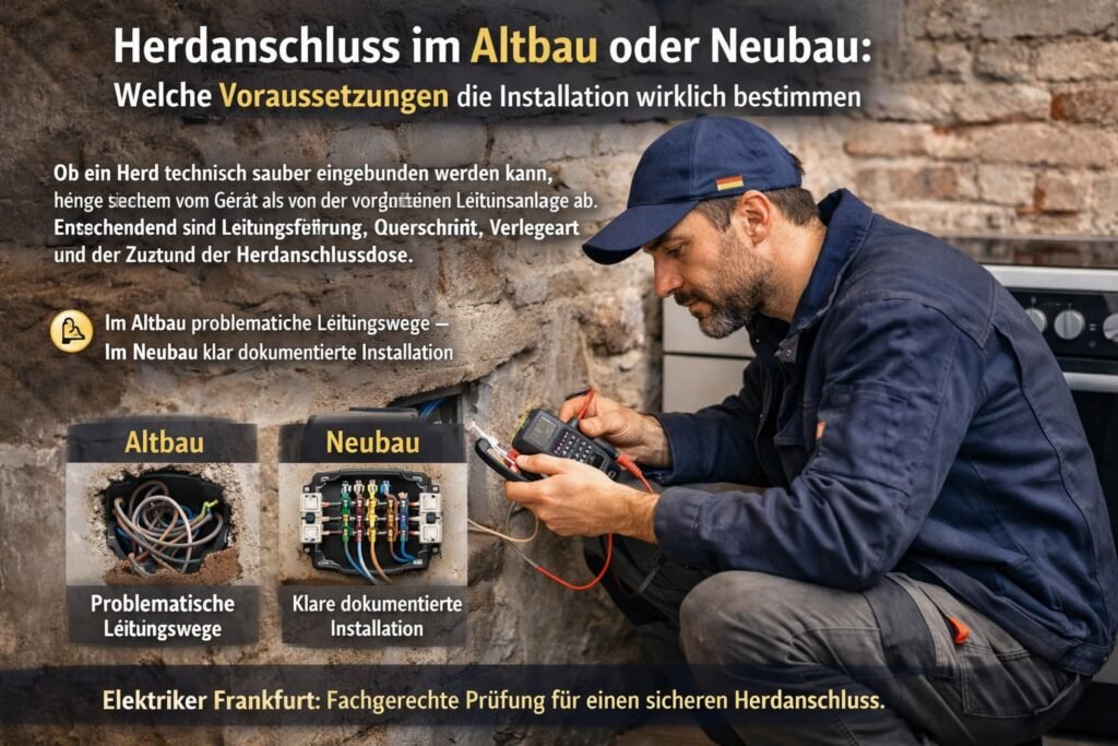 Elektriker prüft Herdanschlussdose und Verkabelung in Altbauküche – fachgerechte Herdinstallation in Frankfurt.
