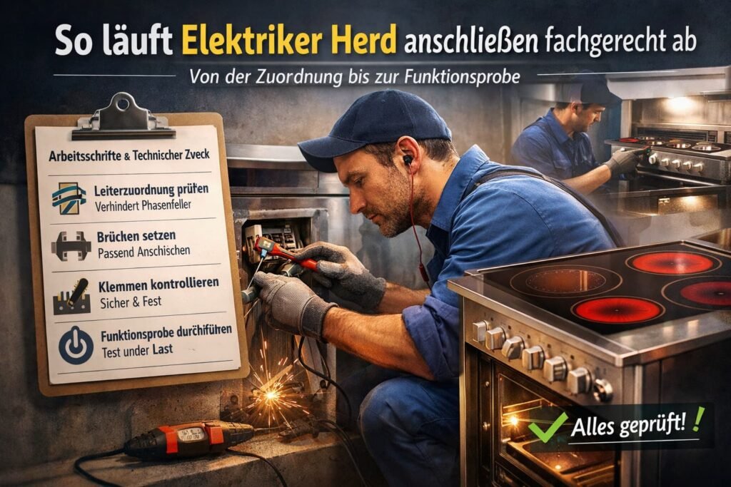 Elektriker schließt Herd fachgerecht an und prüft die Funktion nach dem Anschluss in der Küche.