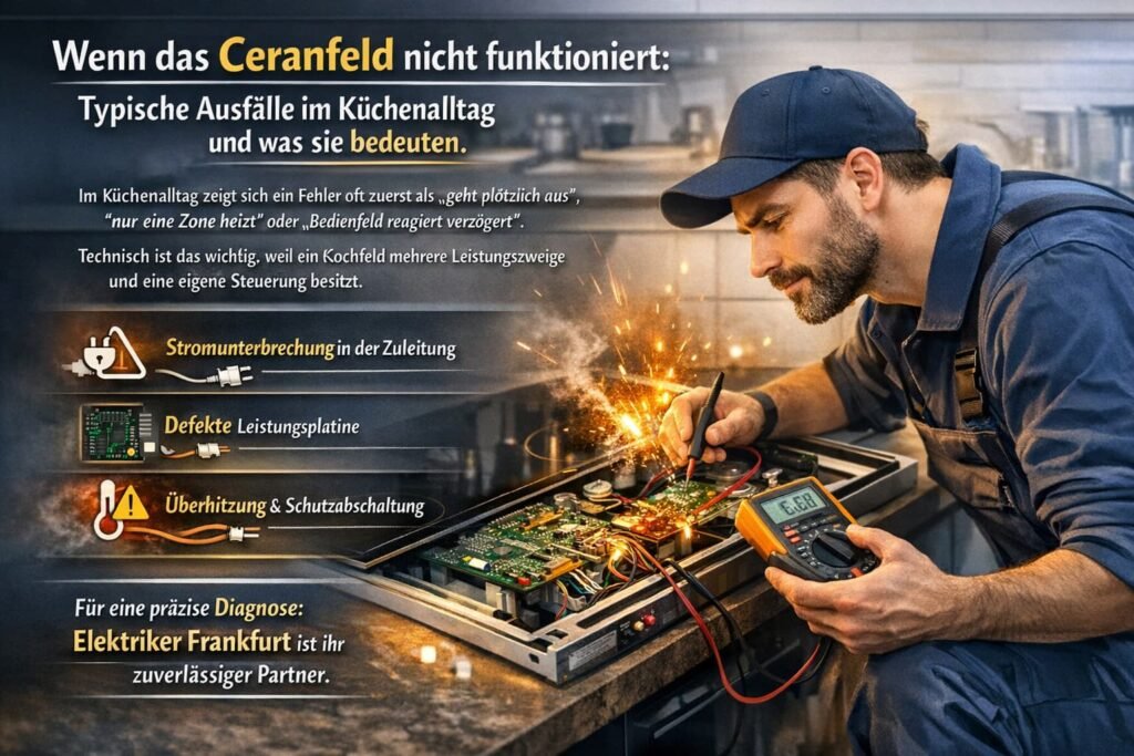Elektriker repariert Ceranfeld in der Küche und überprüft die Elektronik mit einem Multimeter.