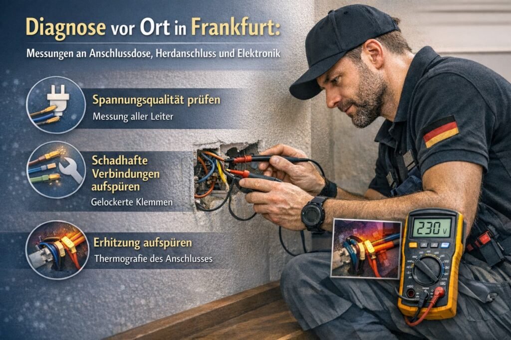 Diagnose durch Elektriker in Frankfurt: Messung an Anschlussdose und Herdanschluss zur Fehlersuche.