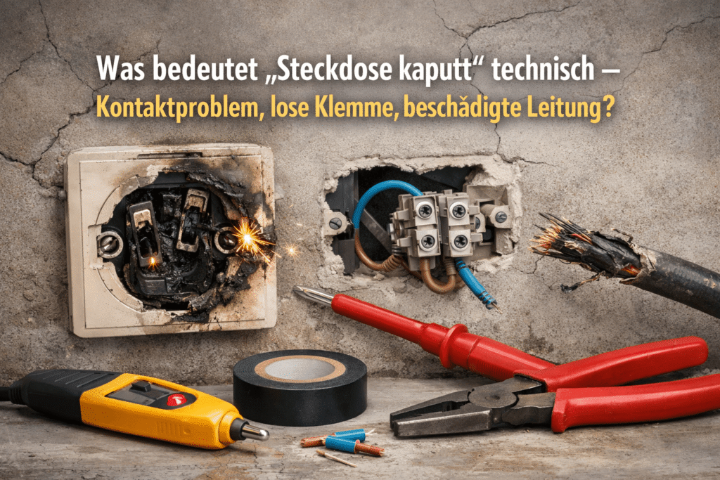 Defekte Steckdose mit Werkzeug und Kabel