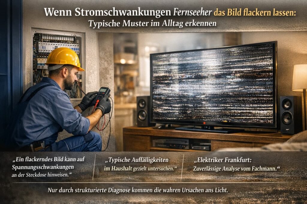 Elektriker prĂŒft Stromschwankungen bei flackerndem Fernseher im Haushalt