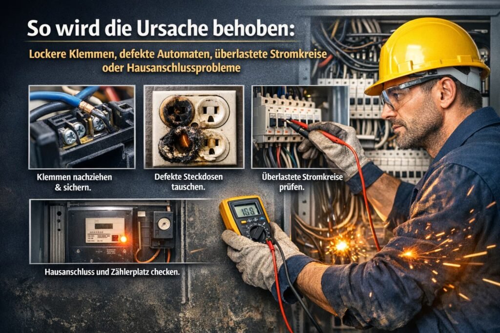 Elektrotechniker prĂŒft Stromkreis und behebt elektrische Störungen im Verteilerkasten