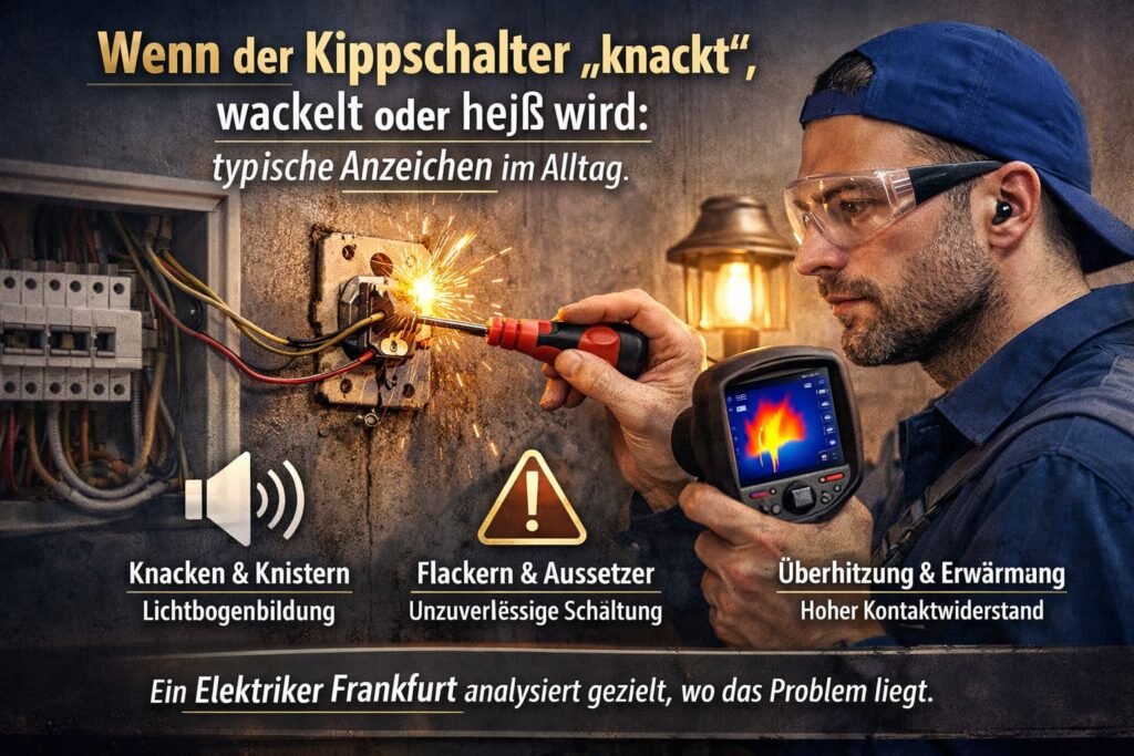 Elektriker prüft defekten Kippschalter mit Funken und Wärmebildkamera – typische Anzeichen wie Knacken, Flackern und Überhitzung