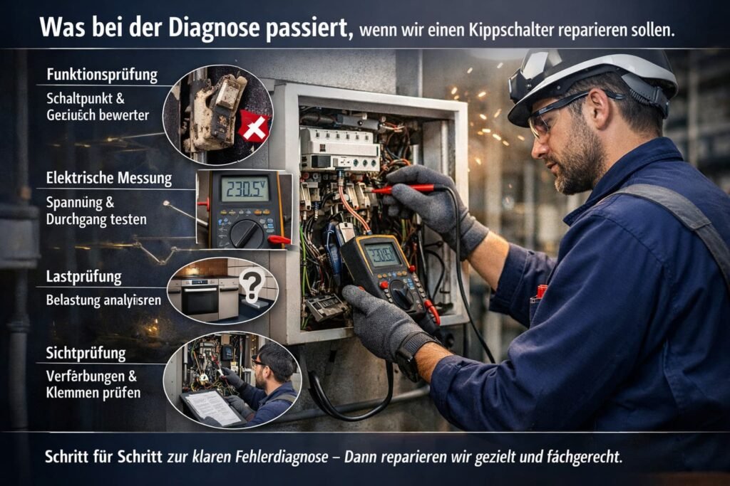 Elektriker prüft Kippschalter mit Messgerät zur Fehlerdiagnose und Reparatur