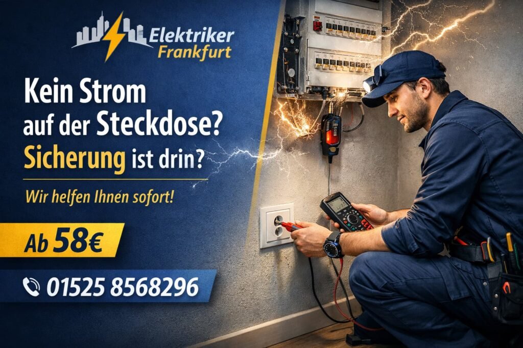 Elektriker Frankfurt behebt Stromausfall an Steckdose – Sicherung ist drin, schneller Service ab 58€
