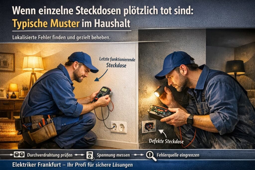 Elektriker prĂŒft defekte Steckdose und lokalisiert Stromausfall im Haushalt