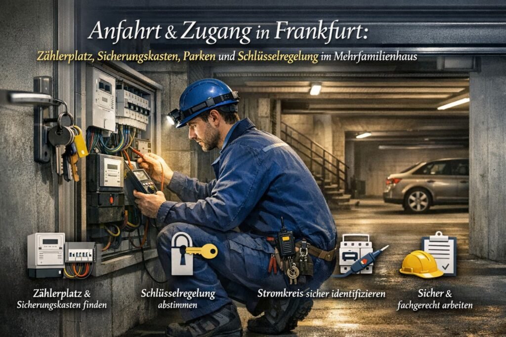 Elektriker in Frankfurt prĂŒft Sicherungskasten im Mehrfamilienhaus und misst Stromkreis im Keller