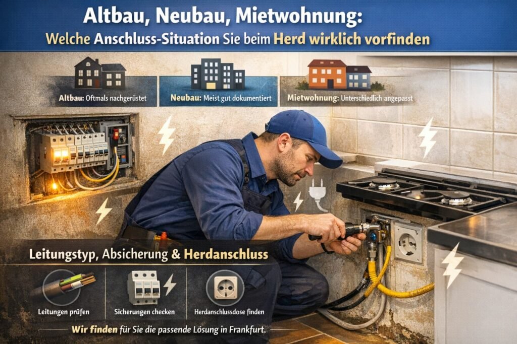 Elektriker in Frankfurt beim Herd anschließen mit elektrischen Icons für Altbau, Neubau und Mietwohnung.
