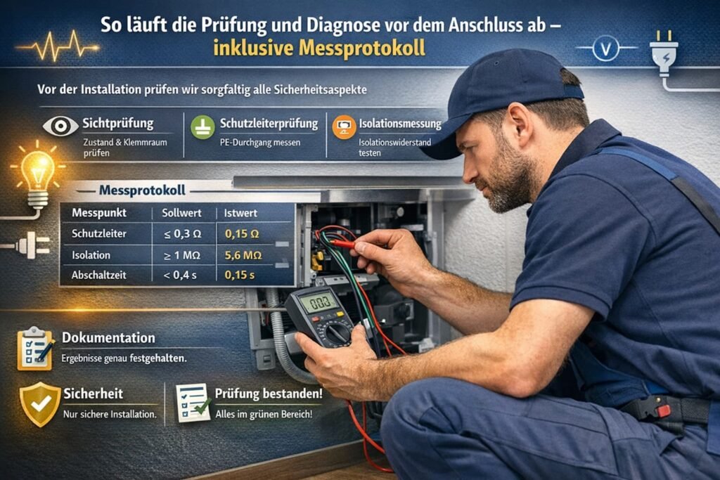 Elektriker prüft den Herdanschluss mit Multimeter, während Icons und Grafik die Diagnose- und Messschritte vor dem Anschluss zeigen.