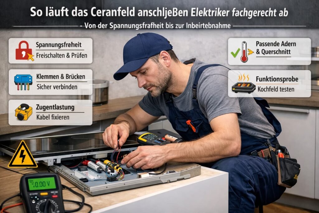 Elektriker prüft und schließt ein Ceranfeld fachgerecht an, mit sichtbaren Elektro-Icons für Spannungsprüfung, Kabelanschluss und Funktionsprüfung.
