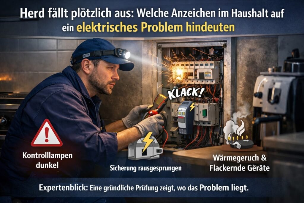 Elektriker prüft Sicherungskasten in der Küche nach plötzlichem Stromausfall des Herds, mit Symbolen für elektrische Warnzeichen.