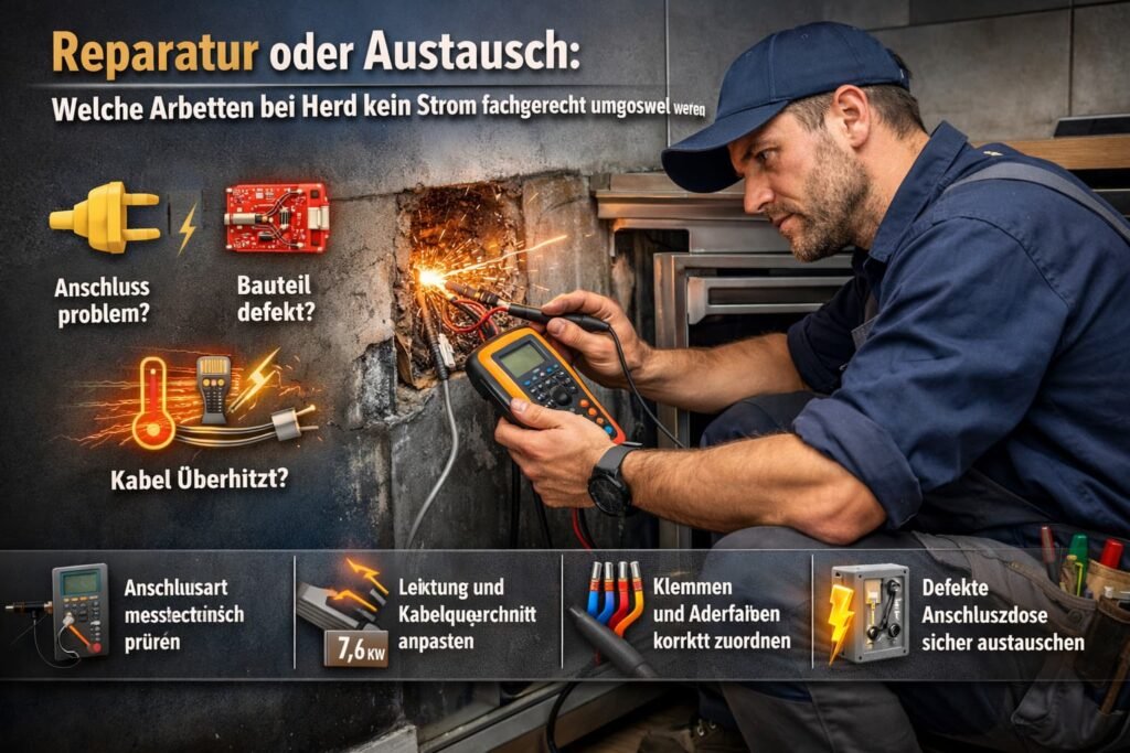 Elektriker prüft Herdanschluss bei Herd ohne Strom.