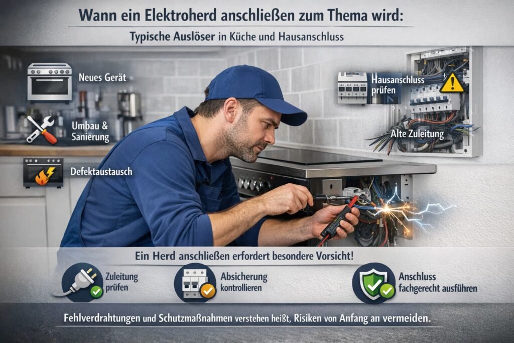 Elektriker schließt einen Elektroherd in der Küche an und prüft die Verkabelung am Hausanschluss.