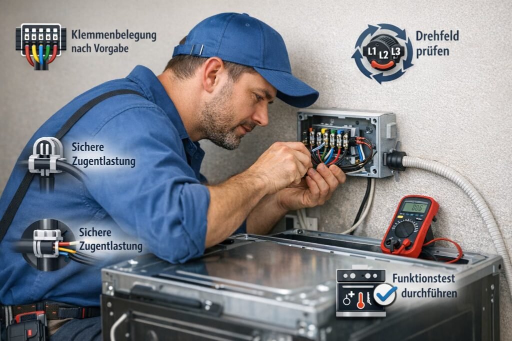 Elektriker beim fachgerechten Anschließen eines Elektroherds mit sichtbarer Klemmenbelegung, Zugentlastung, Drehfeldprüfung und Funktionstest.