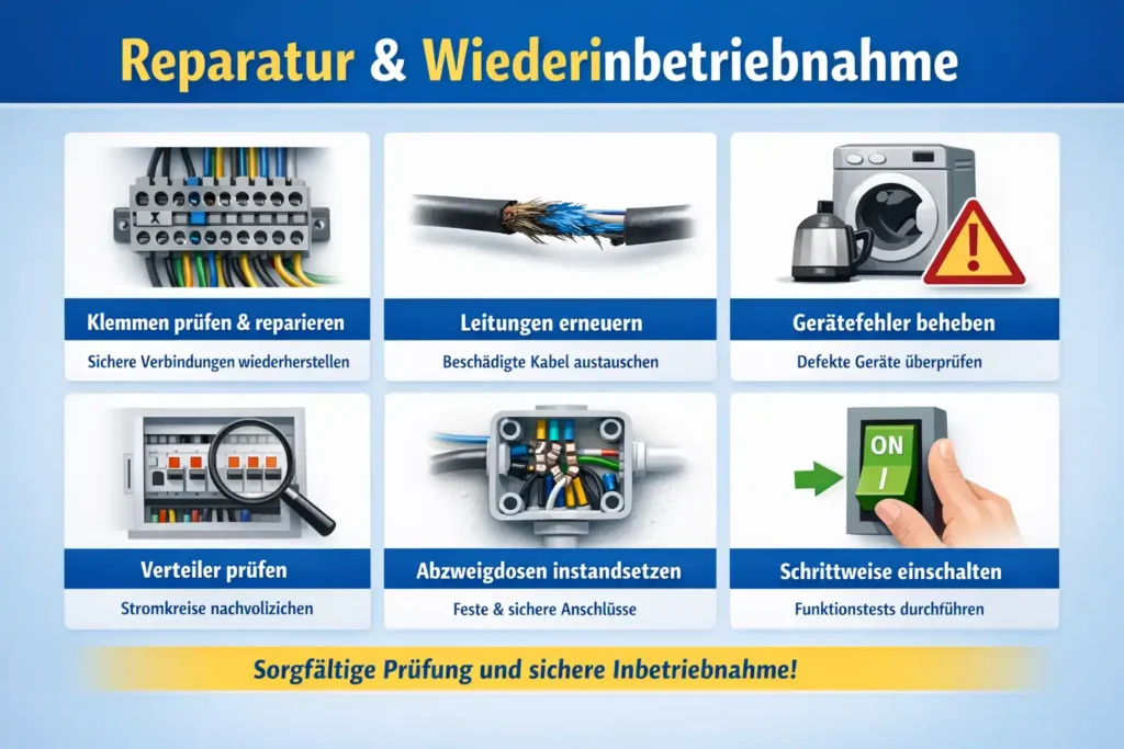 Reparatur und Wiederinbetriebnahme: Klemmen, Leitungen, Gerätefehler und Verteilerkomponenten