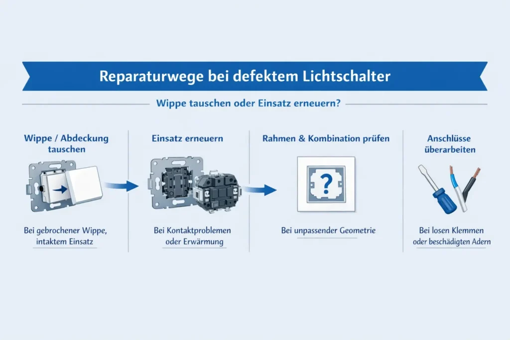 Welche Reparaturwege es gibt, wenn ein lichtschalter wippe defekt ist: Wippe tauschen oder Einsatz erneuern