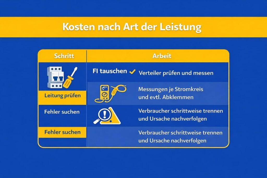 Kosten nach Art: FI tauschen, Leitung prüfen, Fehler suchen