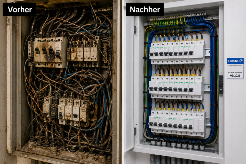 Elektroprüfung Frankfurt Vorher-Nachher-Vergleich: Veralteter, ungeordneter Sicherungskasten mit Hitzeschäden vs. moderner, normgerechter Verteilerkasten mit E-CHECK Prüfplakette.