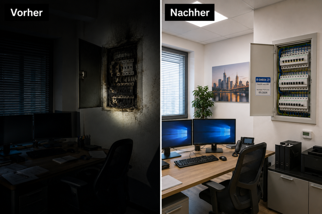Stromausfall Frankfurt Vorher-Nachher-Vergleich: Dunkles Büro mit verbranntem Sicherungskasten vs. hell erleuchteter Arbeitsplatz mit neuem Verteiler und E-CHECK Plakette.