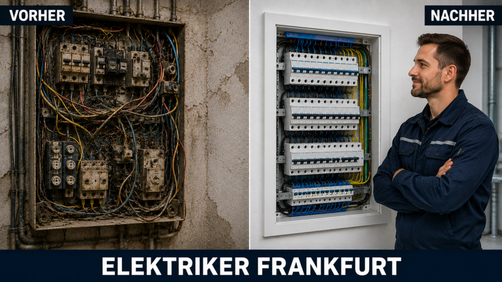 Vorher-Nachher-Vergleich einer veralteten, unsicheren Elektroverteilung und einer modernen Unterverteilung durch Elektriker Frankfurt in Offenbach und Frankfurt.