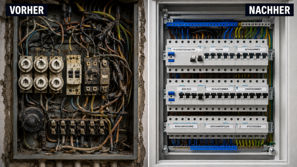 Vorher-Nachher-Vergleich einer fachgerechten Erneuerung eines veralteten Sicherungskastens durch Elektriker in Offenbach-Bieber und Frankfurt