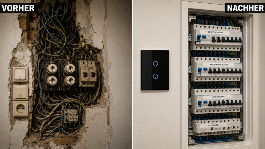 Vorher-Nachher-Vergleich einer Elektroinstallation und Smart-Home-Erneuerung durch Elektriker in Offenbach-Bürgel und Frankfurt
