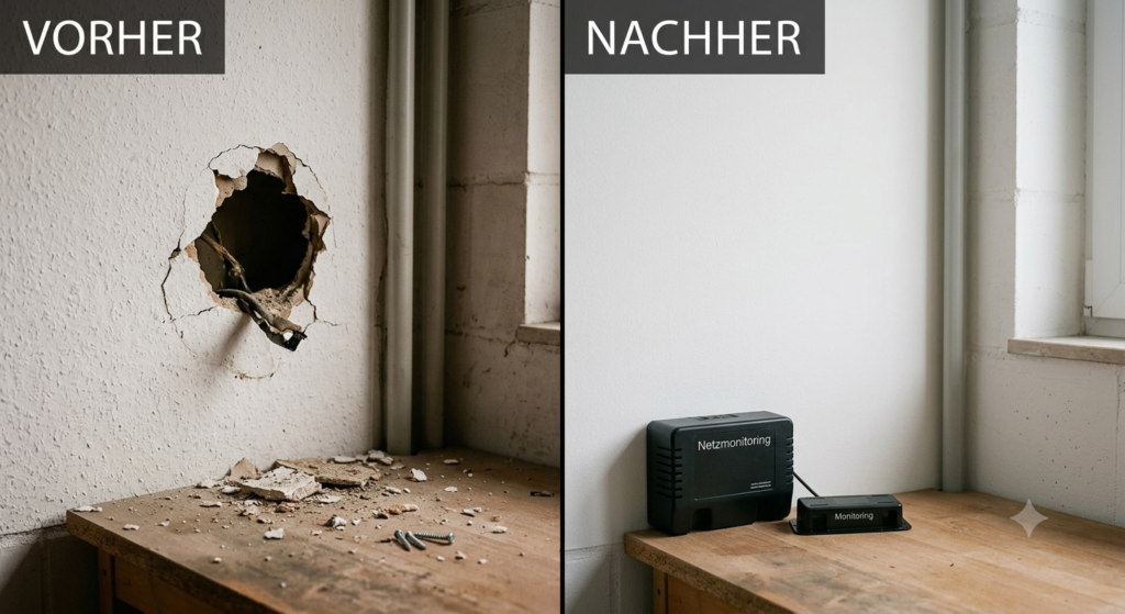 Split-Screen Bild: Links eine defekte, verschmorte Steckdose in einer Wand mit Schmorgeruch-Spuren vor der Reparatur. Rechts dieselbe Stelle mit einer fachgerecht ausgetauschten, neuen und sicheren weißen Steckdose nach dem Einsatz des Elektriker-Notdienstes in Frankfurt.