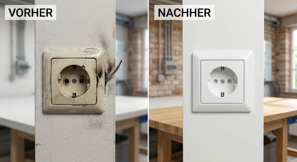 Vergleichsbild einer Elektro Reparatur in Frankfurt: Links eine alte, defekte Steckdose mit Brandspuren und Rissen (VORHER), rechts dieselbe Stelle mit einer fachgerecht installierten, neuen und sicheren weißen Steckdose (NACHHER) nach dem Elektriker-Einsatz.