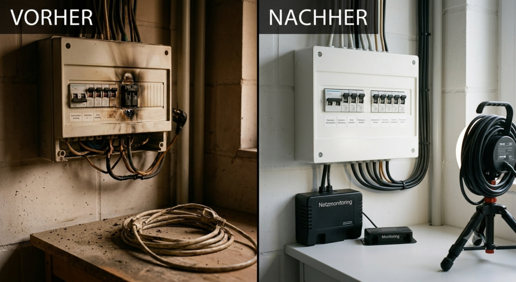 Stromausfall Frankfurt Vorher-Nachher: Links ein verbrannter, defekter Sicherungskasten nach einem Kurzschluss. Rechts der vollkommen erneuerte, moderne Sicherungskasten mit ordnungsgemäßer Verkabelung und Netzüberwachung nach dem Elektro-Notdiensteinsatz.